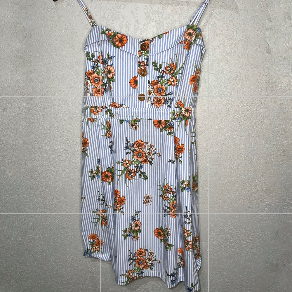 Short floral dress - blue and white stripes - orange flowers